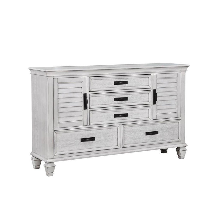 Franco Antique White Five-Drawer Chest With Louvered Panel Doors