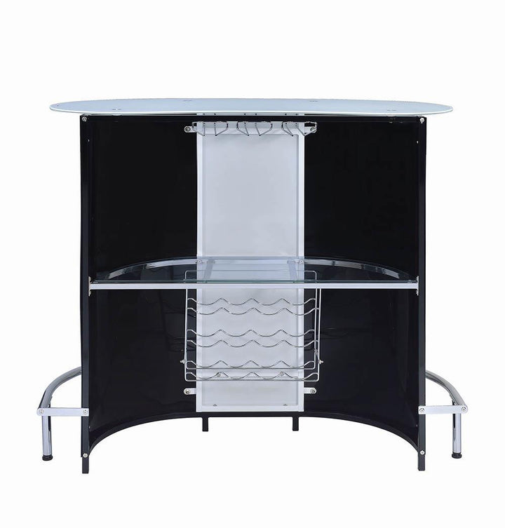 G100654 Contemporary Black and Chrome Bar Unit with Frosted Glass Top