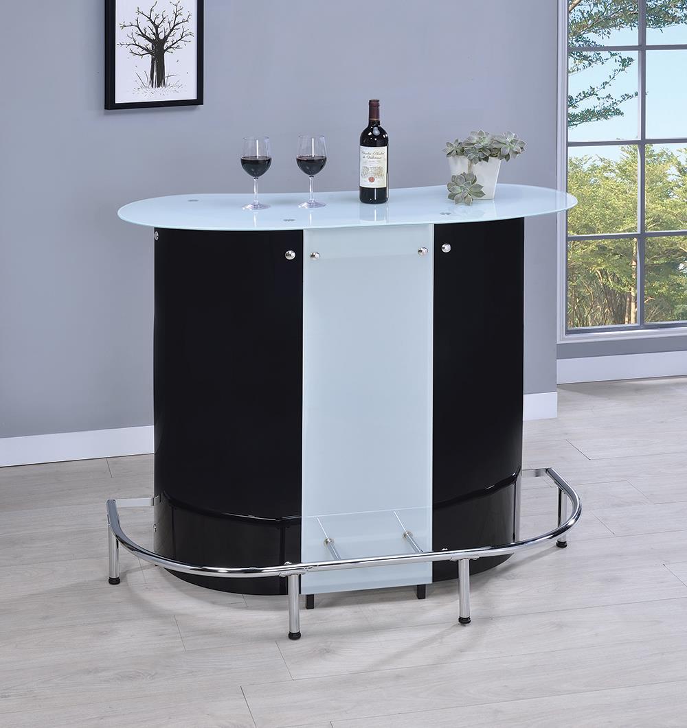 G100654 Contemporary Black and Chrome Bar Unit with Frosted Glass Top